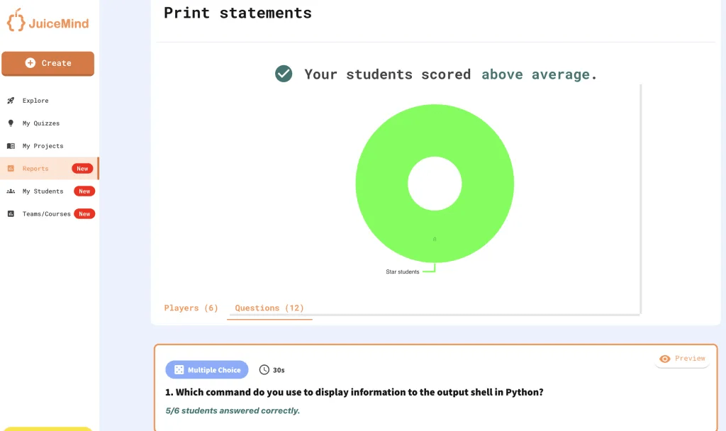 I like the statistics I received from the questions and feedback on their quiz performance. I also like that each question can be timed, requiring students to draw on their personal knowledge as we work through the material.